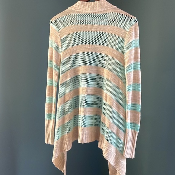 Say What? Cream and Blue Cardigan Sweater with Waterfall Front - Picture 3 of 4